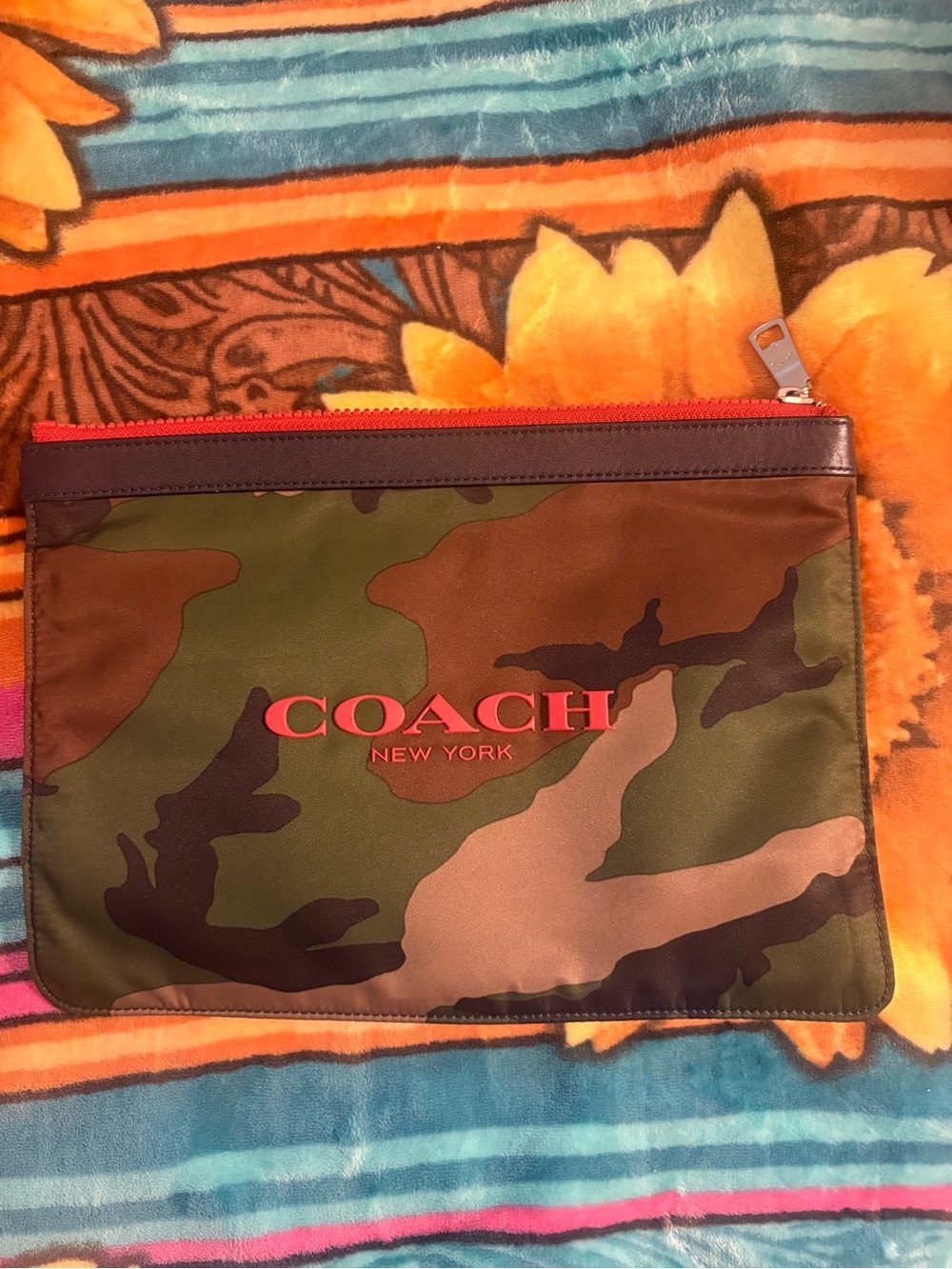 Coach Nylon Beach Camo Pouch F63445 Black Leather Trim Bag IPad Holder